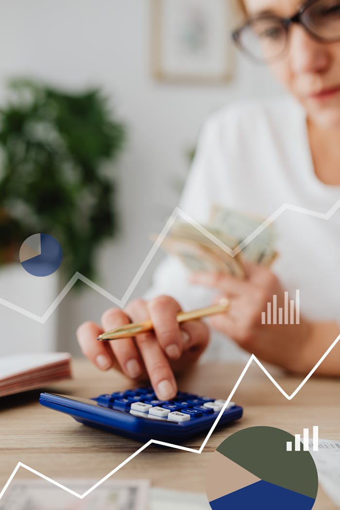 contact-img Woman using calculator with financial graph overlay, indicating data analysis and finance planning.