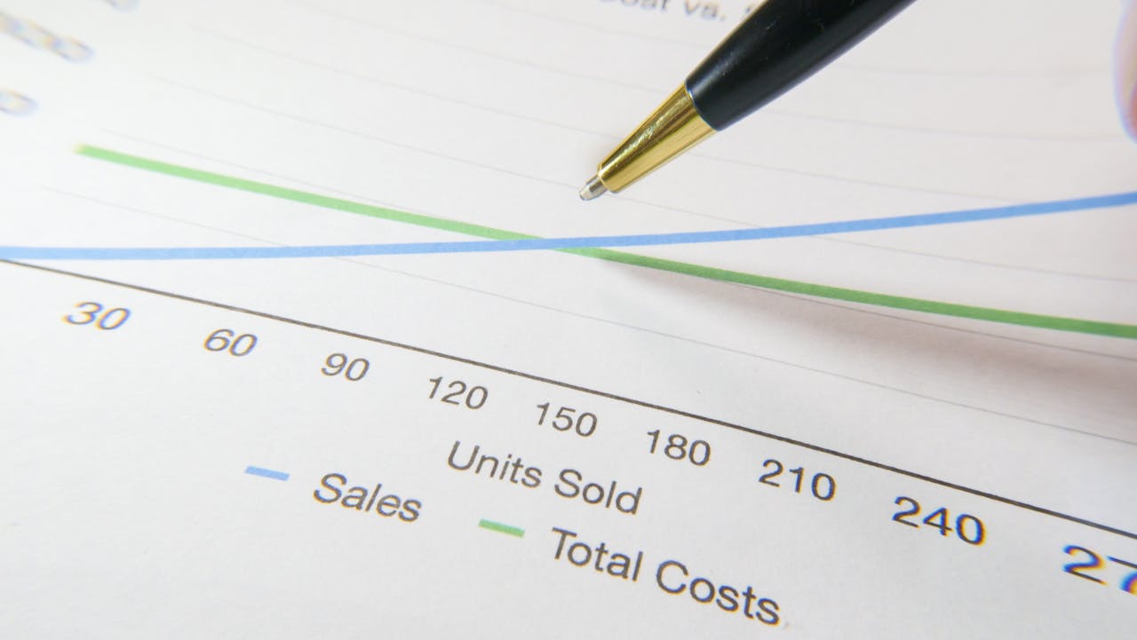 services-03 A pen pointing to a financial graph showing sales and total costs.